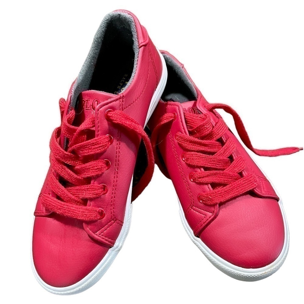 RALPH LAUREN POLO, RED LEATHER TENNIS SHOES, SIZE 2. IN GREAT CONDITION.